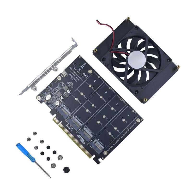 LetLinkSo M.2 PCIe Adapter x16 Gen4 for 4 Ports M2 SSDs, PCIe M.2 Expansion Card for 4 M.2 2280 2260 2242 2230 NVMe SSDs M Key with Advanced Cooling Ultra Quiet DC Brushless Fan - Image 2